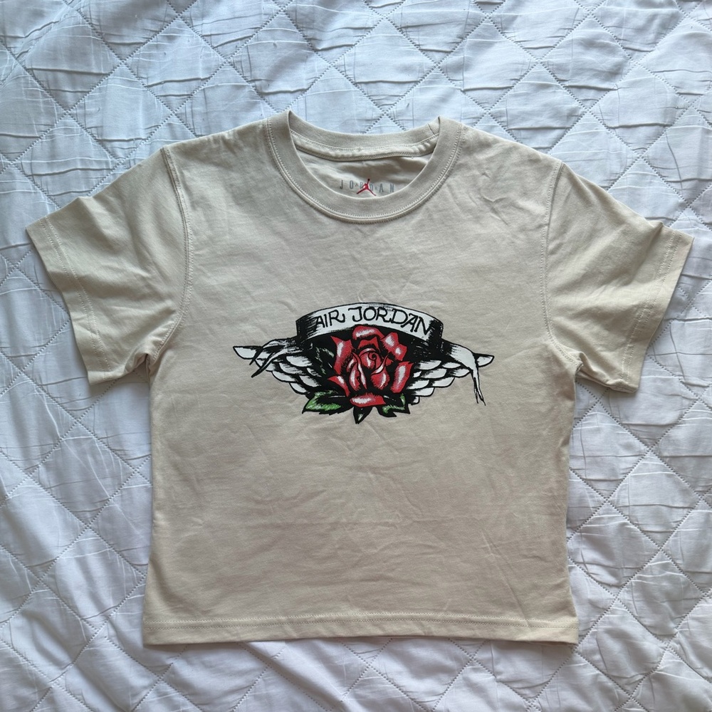 Air Jordan Beige Cropped Baby tee with Rose Graphic